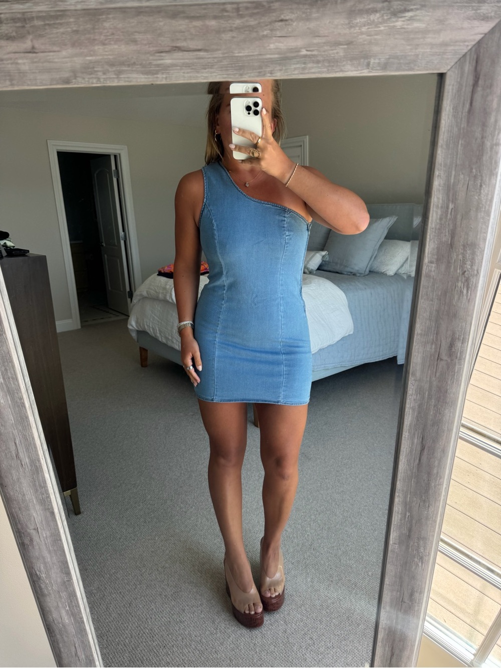 Medium Wash One Shoulder Denim Mini Dress
